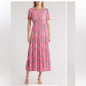 Love By Design Pink and Green Floral Midi / Maxi Dress Size Large